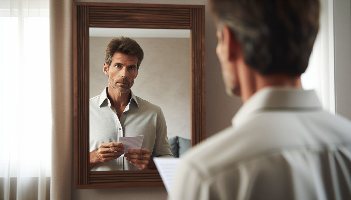 A person practicing speaking in front of a mirror to overcome speaking anxiety.